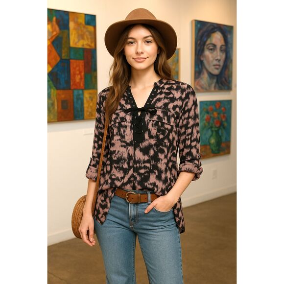 Rock & Republic Abstract Lace-Up Boho Top  Pink Black Casual Bohemian Med. - Picture 2 of 8